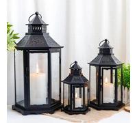 Allecto Premium - Set de 3 lanternes décoratives - Porte-bougies en métal vintage pour Noël - Grand format - Intérieur et extérieur - Noir - Convient pour salon, jardin et patio