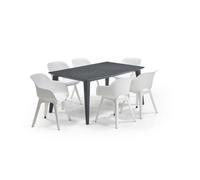 ALLIBERT JARDIN Table LIMA 160x100cm - Graphite + 3 lots de 2 fauteuils AKOLA Blanc - Résine
