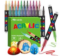 Allinside Feutre Acrylique, 24 Couleurs Feutres Acrylique avec embout pinceau flexible, liquide direct Acrylic Paint Marker feutres coloriage pour la peinture sur roche, céramique