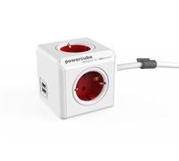 Allocacoc PowerCube extended usb - Unité de distribution d'alimentation - CA 230 V - entrée, entrée CEE 7/7 - prises de sortie : 6 (2 x USB, 4 x connecteur de type F) - 1.5 m - blanc/rouge