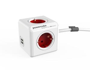Allocacoc PowerCube extended usb - Unité de distribution d'alimentation - CA 230 V - entrée, entrée CEE 7/7 - prises de sortie : 6 (2 x USB, 4 x connecteur de type F) - 1.5 m - blanc/rouge