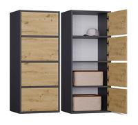 CDF Armoire De Rangement Haute 50cm 4 Portes 4 Étagères Salon Bureau Entrée Chambre Couloir Meuble Buffet Commode Placard Dressing Vestiaire Push-to-Open sans Poignée Moderne Anthracite Chêne Artisan