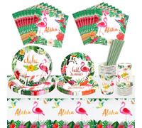 Aloha - Lot de 81 vaisselle de fête hawaïenne - Décoration d'anniversaire - Assiettes et gobelets en carton - Serviettes - Motifs d'été - Décoration pour garçons et filles