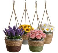 Aloskart Suspension Plante Macramé, Lot de 4 pour Balcon, Mur et Jardin | Lot 4 coloris, corde 50cm, osier naturel, cache-pot avec doublure étanche, idéal pour déco murale ou jardinière suspendue