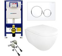 Alpenberger 7201 U) WC mural sans bord, élément à paroi avant, WC complet avec réservoir de chasse encastré Geberit et kit Geberit Duofix et plaque de déclenchement, siège de WC avec système