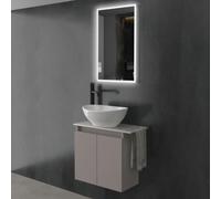 Alpenberger Lavabo à poser avec meuble bas et miroir LED, suspendu | Lavabo complet en céramique et MDF/MFC avec miroir LED tactile, lavabo WC avec meuble bas pour WC d'invités, café clair