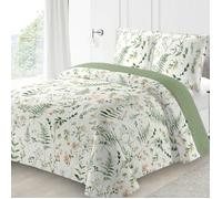 ALPES BLANC - Couvre Lit Boutis Fleuri Printanier Vert et Blanc 220x240 cm + 2 Taies Assorties pour Lit Double 140x190 cm