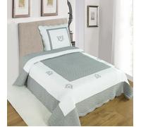 ALPES BLANC - Couvre lit boutis Peaceland Gris 100% coton 180x240 cm + 1 taie carrée assortie - Brodé, léger et doux - Bicolore