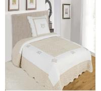 ALPES BLANC - Couvre lit boutis Peaceland Lin 100% coton 180x240 cm + 1 taie carrée assortie - Brodé, léger et doux - Bicolore