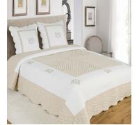 ALPES BLANC - Couvre lit boutis Peaceland Lin 100% coton 230x250 cm + 2 taies carrées assorties - Brodé, léger et doux - Bicolore