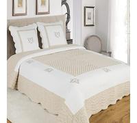 Alpes Blanc Couvre-lit Brodé Peaceland/Dessus de lit 100% Coton/Boutis Grandes Tailles/Jeté de lit Bicolore (Lin/Beige, 230_x_250_cm)