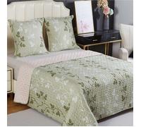 ALPES BLANC - Couvre lit Champêtre vert 220x240 - Boutis microfibre vert sauge imprimé feuilles grimpantes + 2 taies 65x65cm