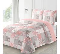 ALPES BLANC - Couvre lit Romance 220x240 cm - Boutis patchwork rose et gris + 2 taies 65x65cm, style Shabby Chic