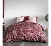 Alpes Blanc Housse de Couette 200x200 cm VISHKA + 2 taies - Pur Coton Bio 57 Fils - Motifs Fleuris sur Fond Pourpre - Finition Boutons