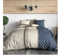 ALPES BLANC - Housse de couette 220x240 cm NAIROBI + 2 taies 100% coton 57 fils - Parure de lit inspiration ethnique bleue et sable