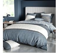 ALPES BLANC - Housse de Couette 240x260 BRÉHAT coton 57 fils - Parure de lit lignes bleues et grises + 2 taies - Finition boutons