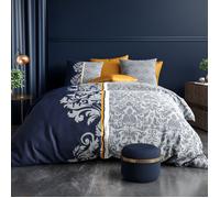 ALPES BLANC - Housse de couette ARABESQUE 220x240 cm + 2 taies 100% coton 57 fils - Ornements bleu marine, gris et jaune safran