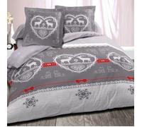 ALPES BLANC - Housse de couette Winter Gris 200x200 cm + 2 taies 65x65 cm - 100 % coton, style chalet montagn, douceur et résistance