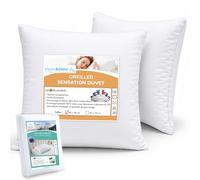 Alpes Blanc - Lot de 2 Oreillers Sensation Duvet, Moelleux et Gonflants, Confort Hôtel + 2 sous-Taies de Protection - Enveloppe 100% Coton - Fabrication Française - Lavables - 65 x 65 cm
