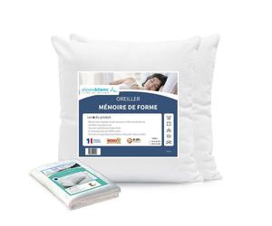 ALPES BLANC - Pack 4 pièces : lot de 2 oreillers mémoire de forme + 2 sous-taies en coton 65x65 cm - Fabriqués en France