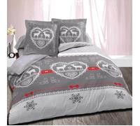 ALPES BLANC - Parure de draps 4 pièces Winter Gris 140x190 cm - 100% coton, 4 pièces drap plat, drap housse et 2 taies, esprit alpin