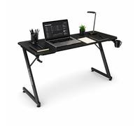 Alpha Gamer Gemina RGB Bureau Gaming 140 x 60 cm, éclairage RVB avec 21 modes, support casque, porte-gobelet, gestion des câbles, surface texturée en carbone, pieds réglables, noir