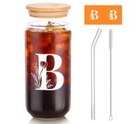 Alphynix Gobelet en verre avec couvercle en bambou et paille 500 ml - Lettre B blanche