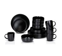 alpina Assiettes Service de Table 4 Personnes Vaisselle 16 Pièces - Service avec Assiettes à Petit Déjeuner, à Dîner, Bols et Tasses - Compatible Lave-Vaisselle - Noir