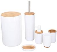 Alpina Ensemble de Toilette - 6-Pièces - Distributeur de Savon - Porte-Brosse à Dents - Brosse de Toilette - Corbeille à Papier - Porte-Savon - Tasse - Bambou - Blanc, Unique