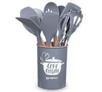 alpina Ensemble d'ustensiles de cuisine avec support, 12 pièces, silicone, manche en bois, gris
