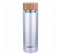 Alpina Bouteille en verre borosilicate double paroi 450 ml – dessus inox et bois Clair