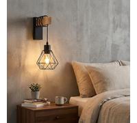 Alpinaluz Aplique Murale Vintage Industriel en Bois Naturel avec Abat-jour en Cage Métallique Noir, Compatible Ampoule E27, Idéal pour Chambre et Salon, Montage Mural Intérieur Style Rétro Élégant