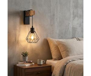 Alpinaluz Aplique Murale Vintage Industriel en Bois Naturel avec Abat-jour en Cage Métallique Noir, Compatible Ampoule E27, Idéal pour Chambre et Salon, Montage Mural Intérieur Style Rétro Élégant