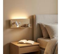 Alpinaluz Applique LED Mural avec Lumière de Lecture Orientable et Ambiante 2700K, Interrupteur Double, Double Port de Charge USB, Étagère, Métal Effet Bois Beige Clair, Spot