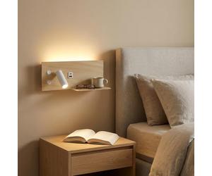 Alpinaluz Applique LED Mural avec Lumière de Lecture Orientable et Ambiante 2700K, Interrupteur Double, Double Port de Charge USB, Étagère, Métal Effet Bois Beige Clair, Spot
