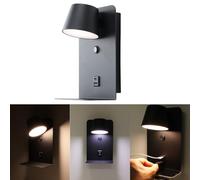 Alpinaluz Applique LED orientable 6W Noir avec tonalité de couleur réglable (3000K/4000K/6000K), interrupteur, port de charge USB Type C et A, support en aluminium de 14 cm pour têtes de lit et tables