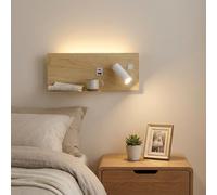 Alpinaluz Applique Mural avec Spot Droit, Lumière LED de Lecture et d'Ambiance 2700K, USB-C et USB-A, Étagère pour Téléphone, Acier avec Finition Bois Clair, Double Interrupteur pour Chambre Tête