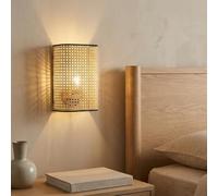 Alpinaluz Applique murale avec abat-jour rectangulaire en bambou et rotin, diffuseur acrylique, style moderne rustique, douille E27, lumière décorative pour chambre, salon et couloir