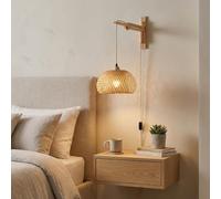 Alpinaluz Applique Murale avec Bras Articulé en Bois et Abat-jour en Bambou Ø29 cm, Hauteur Réglable, Câble avec Prise et Interrupteur Intégré, Style Rustique pour Chambre et Intérieur