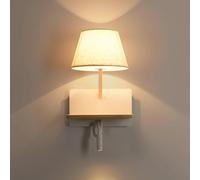 Alpinaluz Applique murale E27 avec étagère, USB et liseuse LED 3 W | Abat-jour en textile beige, étagère en bois naturel et deux interrupteurs indépendants ; pour tête de lit