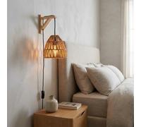 Alpinaluz Applique Murale E27 avec Prise et Interrupteur sur Câble, Base en Bois Naturel et Abat- Jour en Corde Tressée Ø17 cm, Style Naturel et Rustique, Chambre, Salon, Salle à Manger