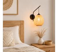 Alpinaluz Applique Murale E27 Bambou Tressé Naturel Noir Bras Courbé D20 cm | Abat-jour tressé suspendu au style boho nordique pour chambre, salon, couloir, salle à manger, entrée et coin lecture