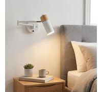 Alpinaluz Applique Murale Extensible Blanche avec Interrupteur Intégré, Bras Extensible Horizontal et Tête Orientable à 350°, Métal et Bois, Douille E27 pour Chambre et Coin Lecture