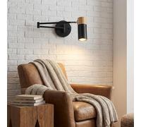Alpinaluz Applique Murale Extensible Noir avec Détails en Bois, Style Minimaliste Nordique, Bras Articulé 360º, Lampe de Lecture pour Chambre, Salon, Bureau, Salle de Bain, Escaliers et Restaurant
