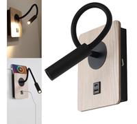 Alpinaluz Applique murale LED noire 3 W avec spot flexible, ports de charge USB et type C - effet bois - interrupteur intégré - 2800 K blanc chaud