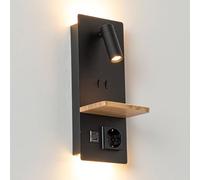 Alpinaluz Applique murale noire avec éclairage orienté de 3 W et éclairage ambiant de 6 W 2 800 K - Port de charge USB C, prise Schuko et étagère en bois pour la chambre et le chevet