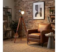 Alpinaluz Lampadaire artisanal avec structure bois et métal, tête orientable noire avec verre dépoli, hauteur ajustable, compatible ampoules LED E27, style rétro pour salon