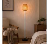 Alpinaluz Lampadaire E27 Abat-jour Naturel en Osier et Bambou Base Noire | Abat-jour tissé main et base en métal noir, style nordique boho pour salon, chambre, canapé et coin lecture