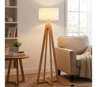 Alpinaluz Lampadaire en Bois Naturel avec Abat- Jour Textile Blanc Ø43 cm, Douille E27, Hauteur 149 cm, Style Nordique Scandinave pour Salon, Chambre ou Salle à Manger