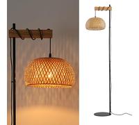 Alpinaluz Lampadaire en osier naturel, structure noire et bois, hauteur 157 cm, E27, style bohème moderne, interrupteur à pied, base ultra fine